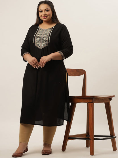 Women's Black Rayon Black Embroidered Kurta Plus Size Women by Yufta, suitable for wholesale buyers, boutiques, retailers, resellers and bulk fashion orders from Trendphoria