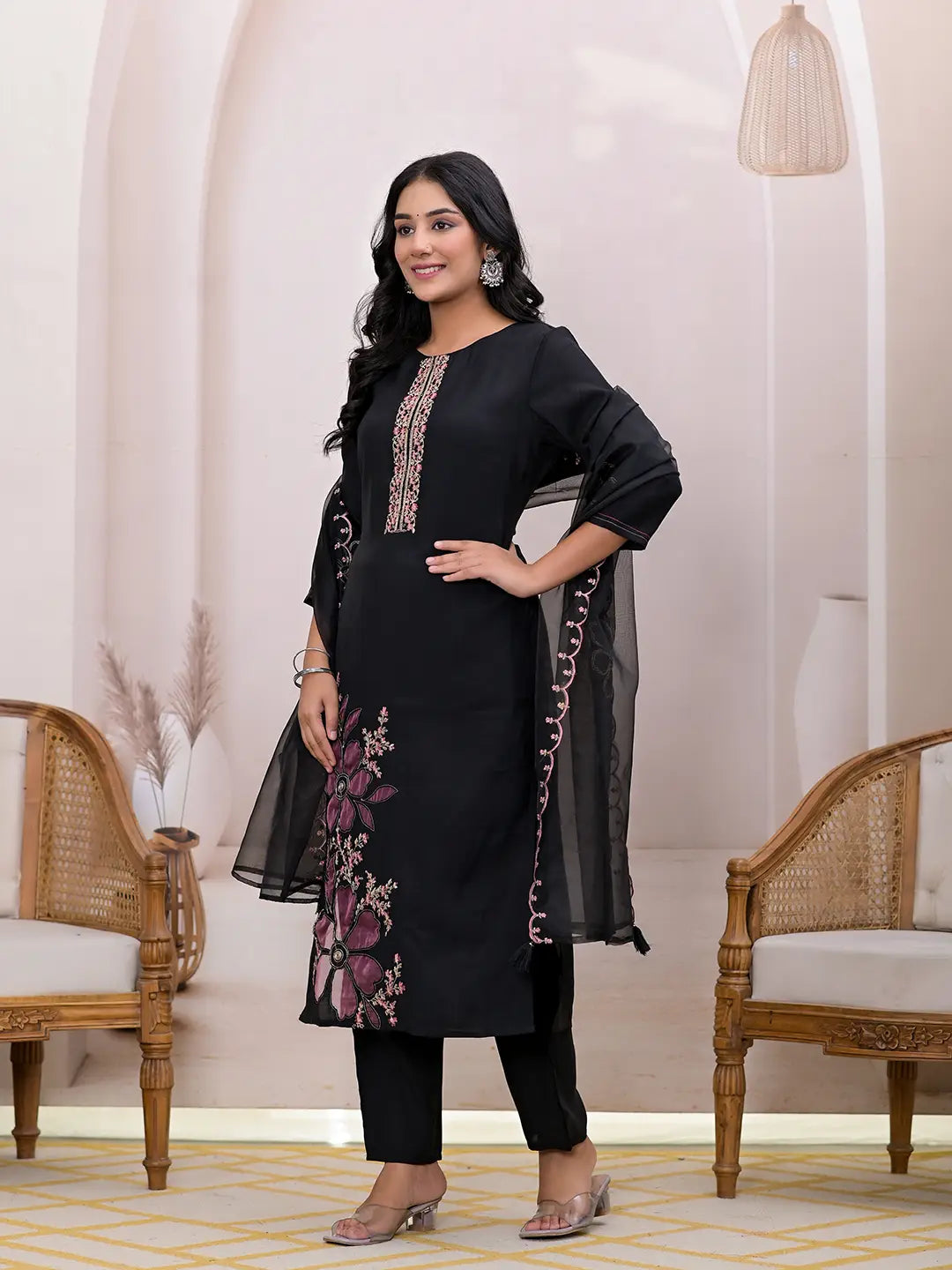 Black Embroidered Silk Blend Straight Kurta Dupatta Set