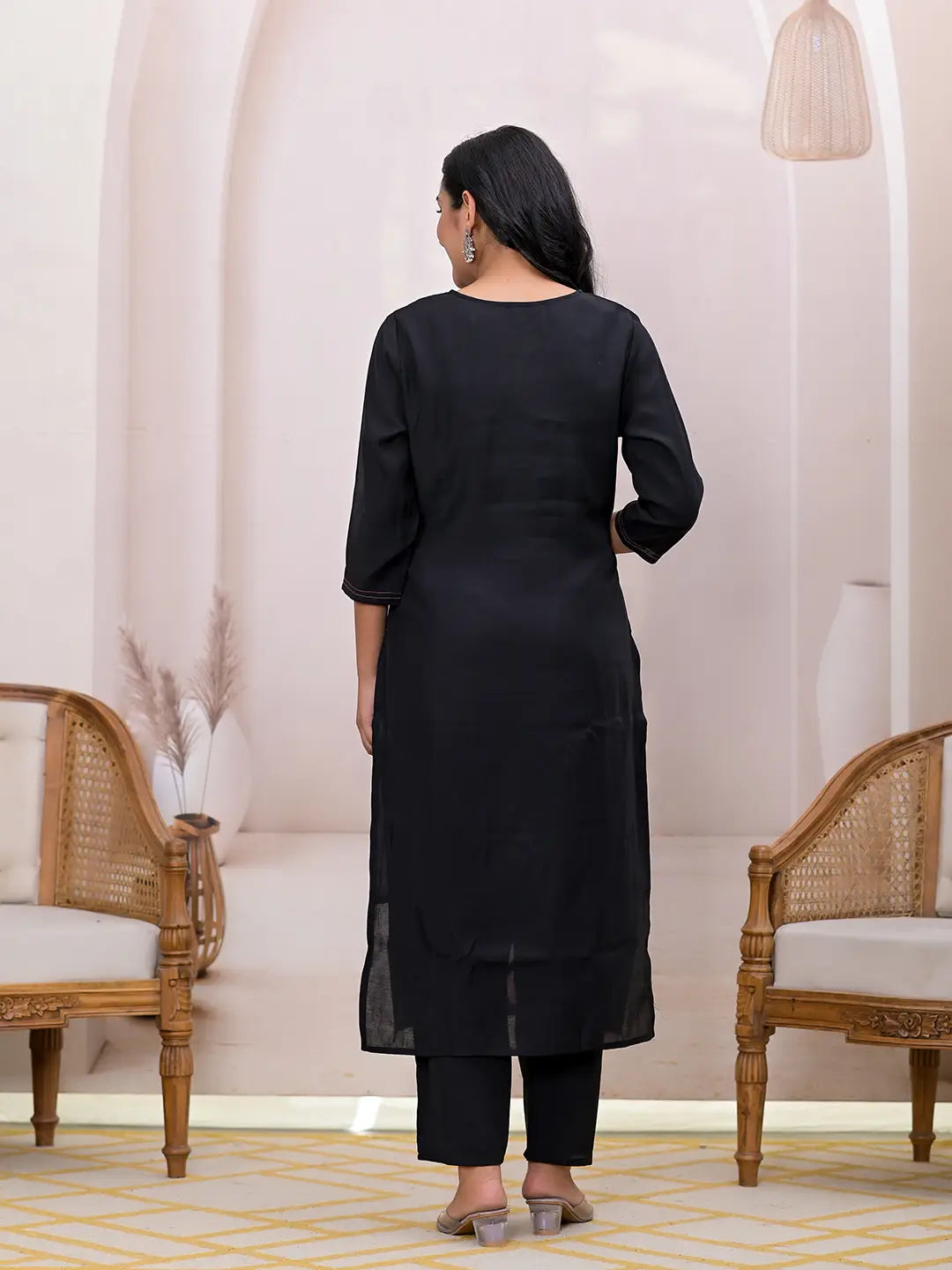 Black Embroidered Silk Blend Straight Kurta Dupatta Set