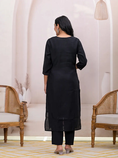 Black Embroidered Silk Blend Straight Kurta Dupatta Set