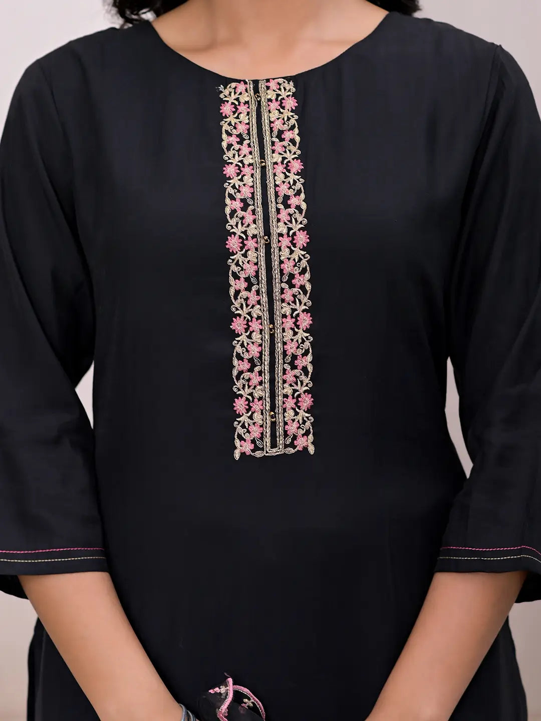 Black Embroidered Silk Blend Straight Kurta Dupatta Set
