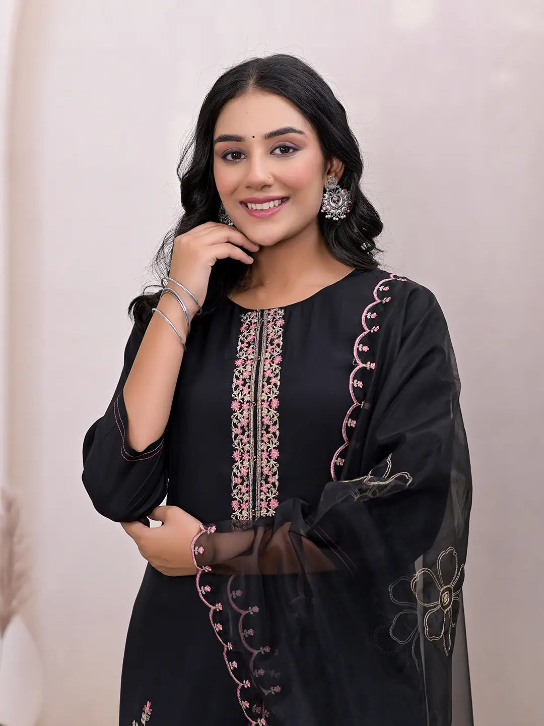 Black Embroidered Silk Blend Straight Kurta Dupatta Set