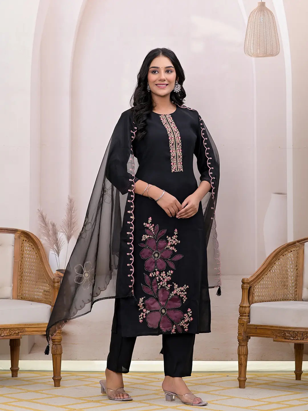Black Embroidered Silk Blend Straight Kurta Dupatta Set