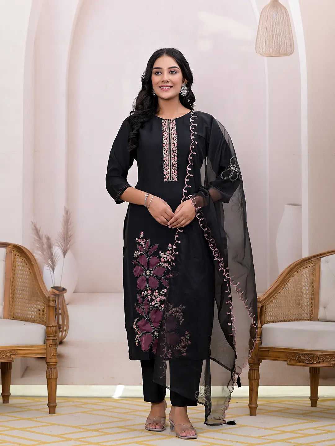 Women's Black Silk Blend Black Embroidered Silk Blend Straight Kurta Dupatta Set by Yufta, suitable for wholesale buyers, boutiques, retailers, resellers and bulk fashion orders from Trendphoria