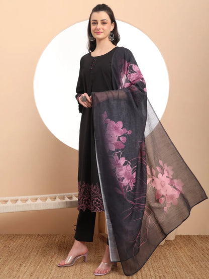 Black Embroidered Straight Kurta Trouser Dupatta Set