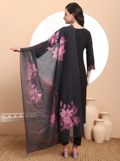 Black Embroidered Straight Kurta Trouser Dupatta Set