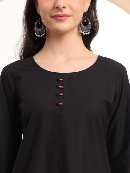 Black Embroidered Straight Kurta Trouser Dupatta Set