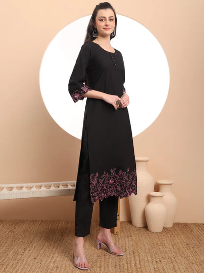 Black Embroidered Straight Kurta Trouser Dupatta Set