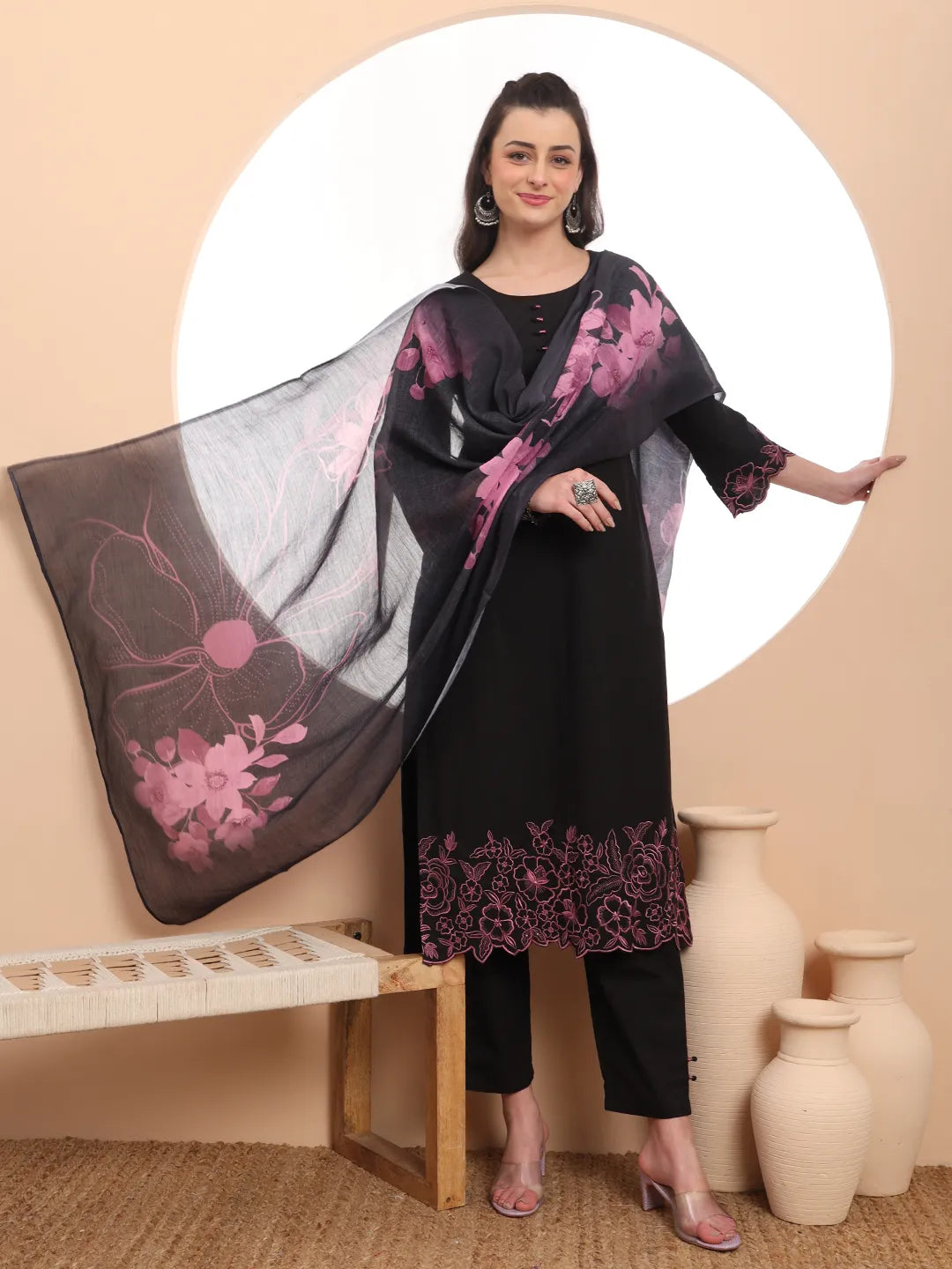 Black Embroidered Straight Kurta Trouser Dupatta Set