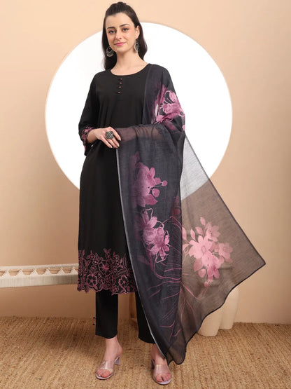 Black Embroidered Straight Kurta Trouser Dupatta Set