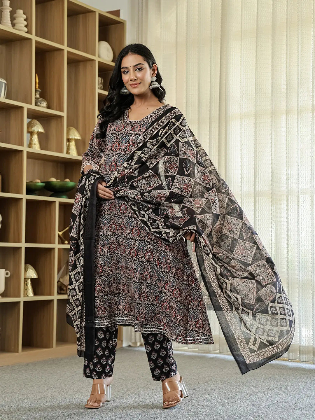 Black Ethnic Motifs A-Line Kurta Trouser Dupatta Set With Bucket Neck