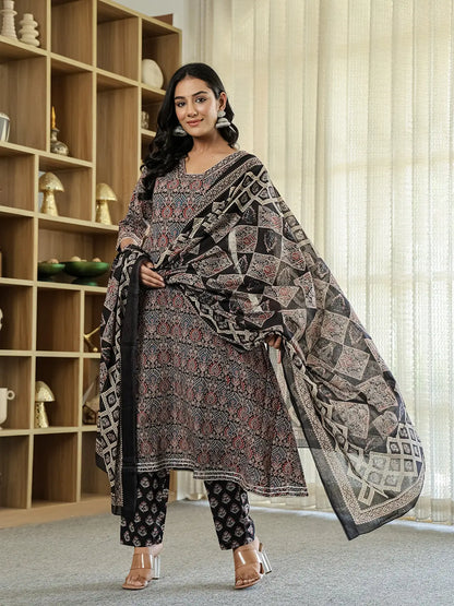 Black Ethnic Motifs A-Line Kurta Trouser Dupatta Set With Bucket Neck