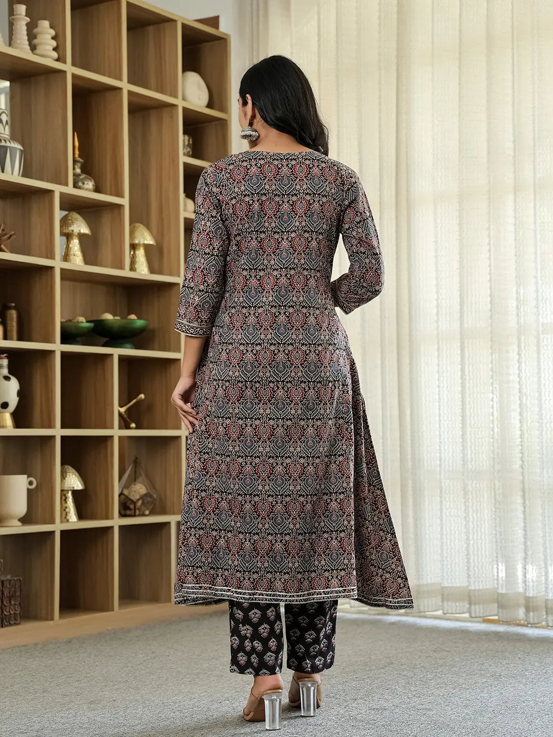 Black Ethnic Motifs A-Line Kurta Trouser Dupatta Set With Bucket Neck