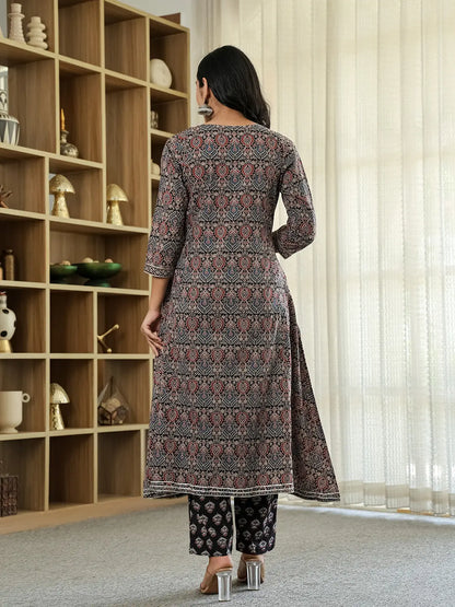 Black Ethnic Motifs A-Line Kurta Trouser Dupatta Set With Bucket Neck