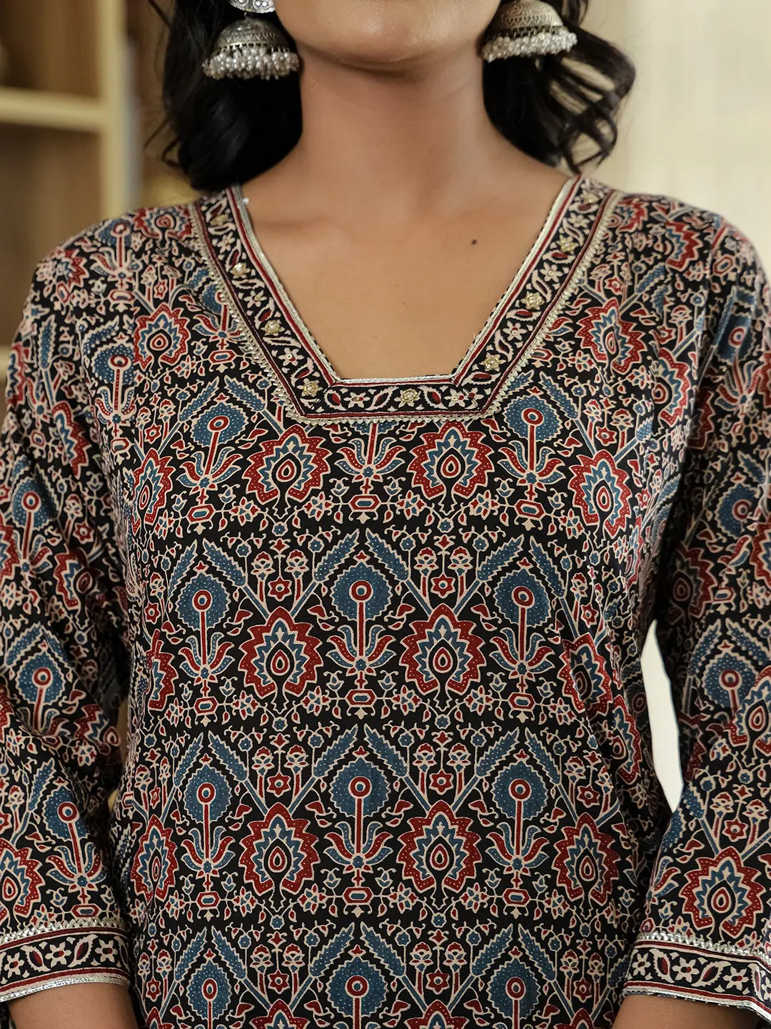 Black Ethnic Motifs A-Line Kurta Trouser Dupatta Set With Bucket Neck