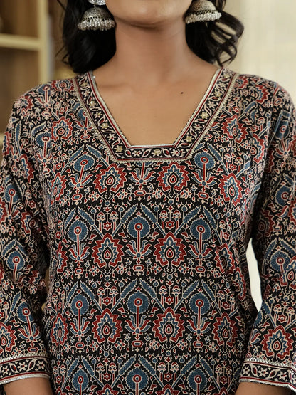 Black Ethnic Motifs A-Line Kurta Trouser Dupatta Set With Bucket Neck