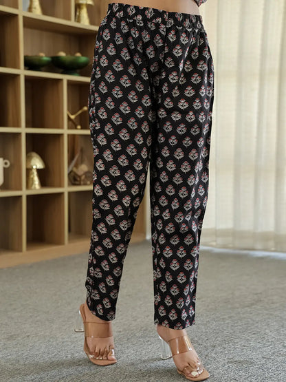 Black Ethnic Motifs A-Line Kurta Trouser Dupatta Set With Bucket Neck