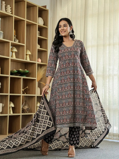 Black Ethnic Motifs A-Line Kurta Trouser Dupatta Set With Bucket Neck