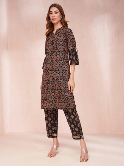 Black Ethnic Motifs Mandarin Collar Straight Kurta Trouser Set