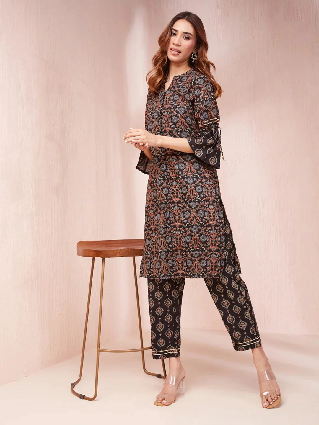 Women's Black Cotton Black Ethnic Motifs Mandarin Collar Straight Kurta Trouser Set by Yufta, suitable for wholesale buyers, boutiques, retailers, resellers and bulk fashion orders from Trendphoria
