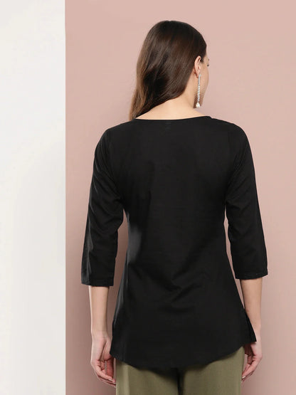 Black Floral Chikankari Embroidered Pure Cotton Top