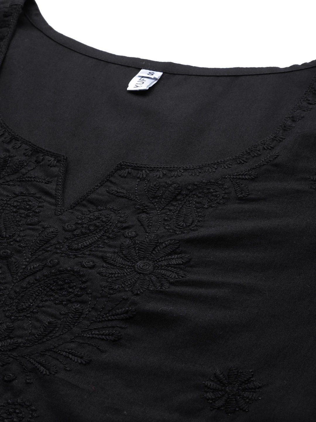 Black Floral Chikankari Embroidered Pure Cotton Top