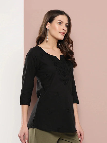 Black Floral Chikankari Embroidered Pure Cotton Top