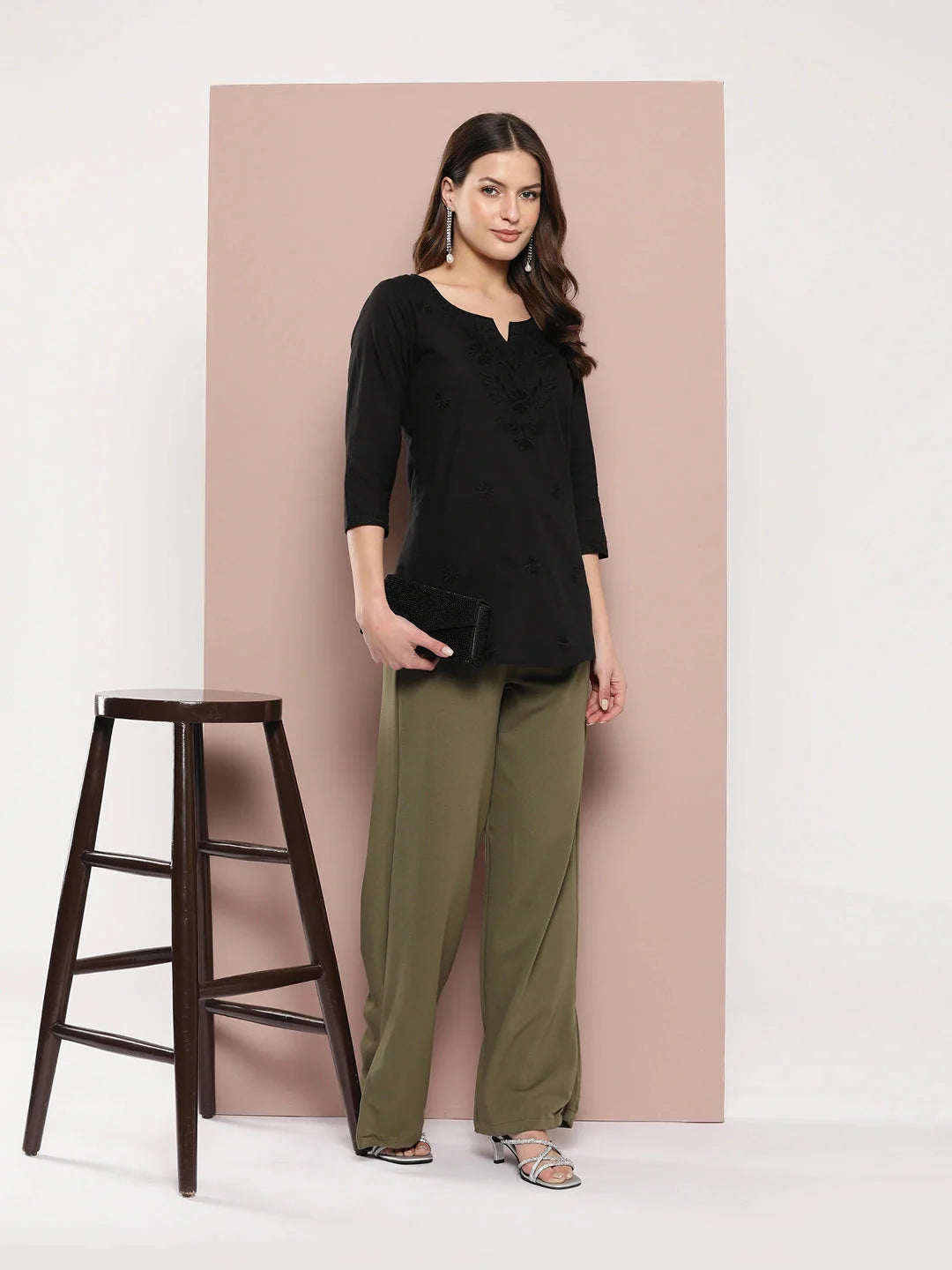 Black Floral Chikankari Embroidered Pure Cotton Top