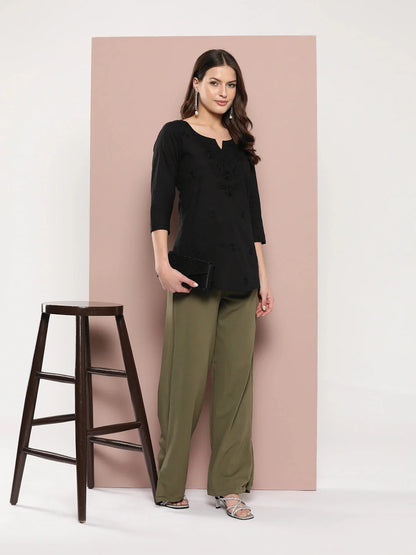 Black Floral Chikankari Embroidered Pure Cotton Top