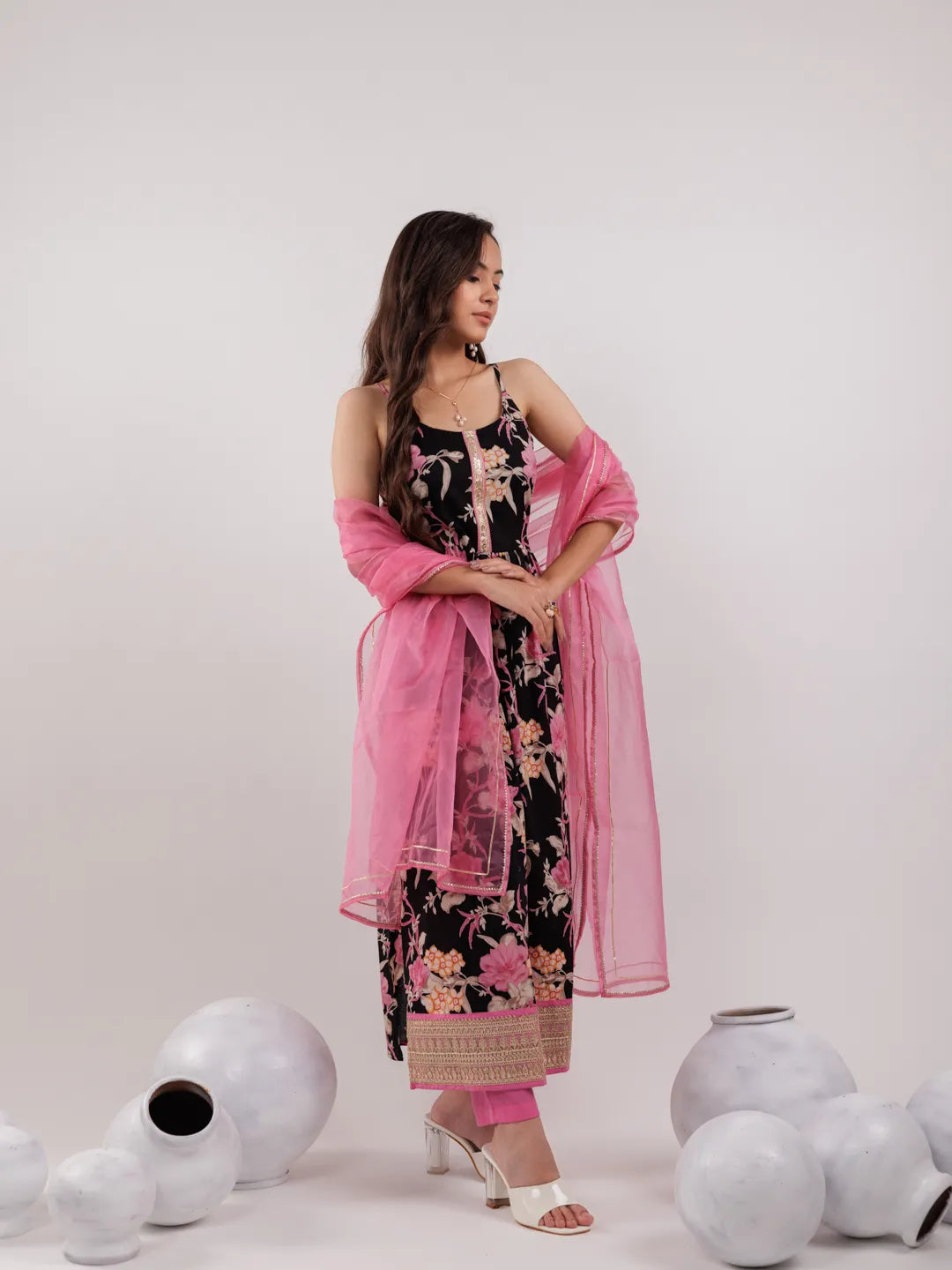 Black Floral Print Cotton Fit And Flare Kurta Trouser & Dupatta Set