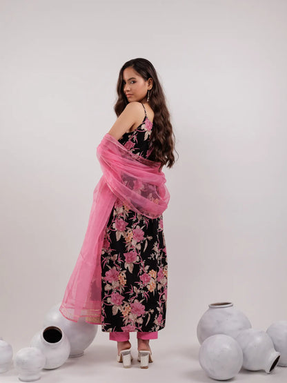 Black Floral Print Cotton Fit And Flare Kurta Trouser & Dupatta Set