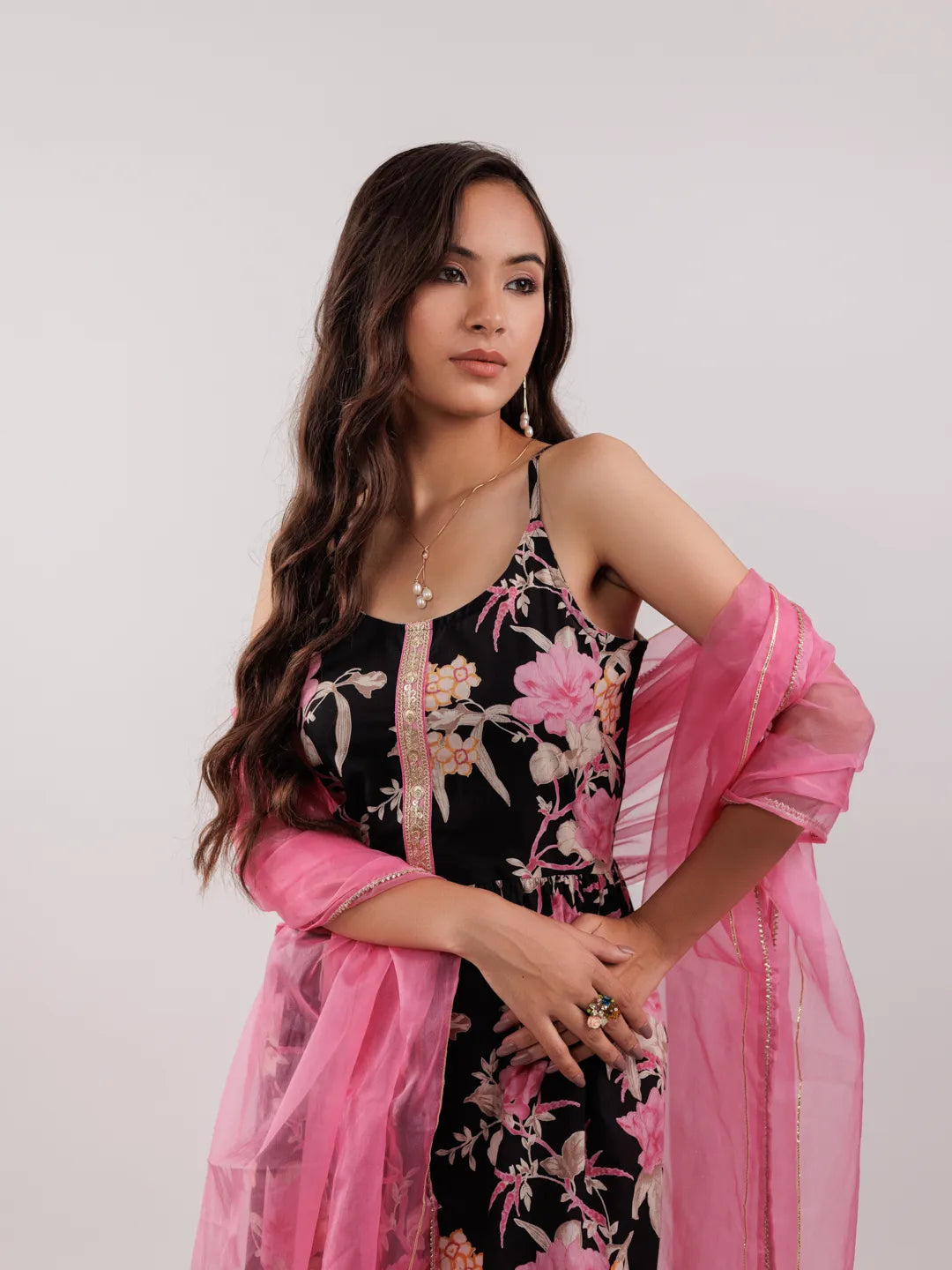 Black Floral Print Cotton Fit And Flare Kurta Trouser & Dupatta Set