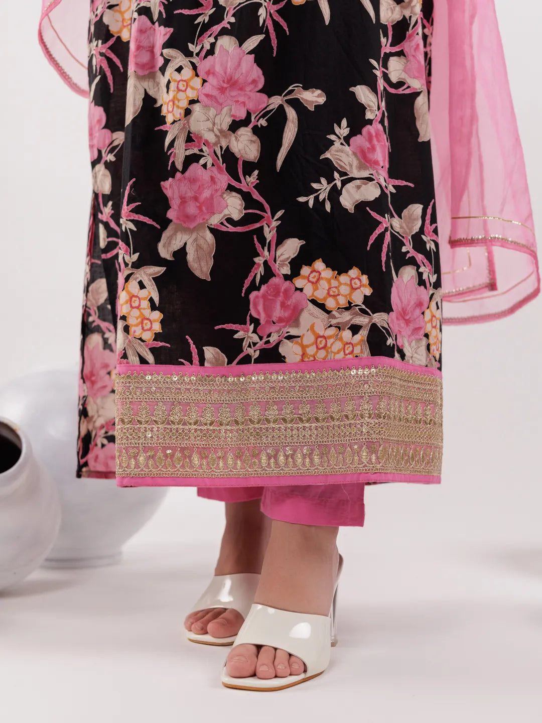 Black Floral Print Cotton Fit And Flare Kurta Trouser & Dupatta Set