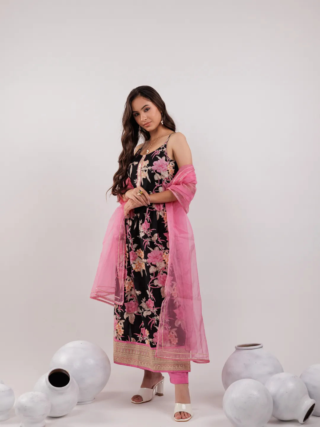 Black Floral Print Cotton Fit And Flare Kurta Trouser & Dupatta Set