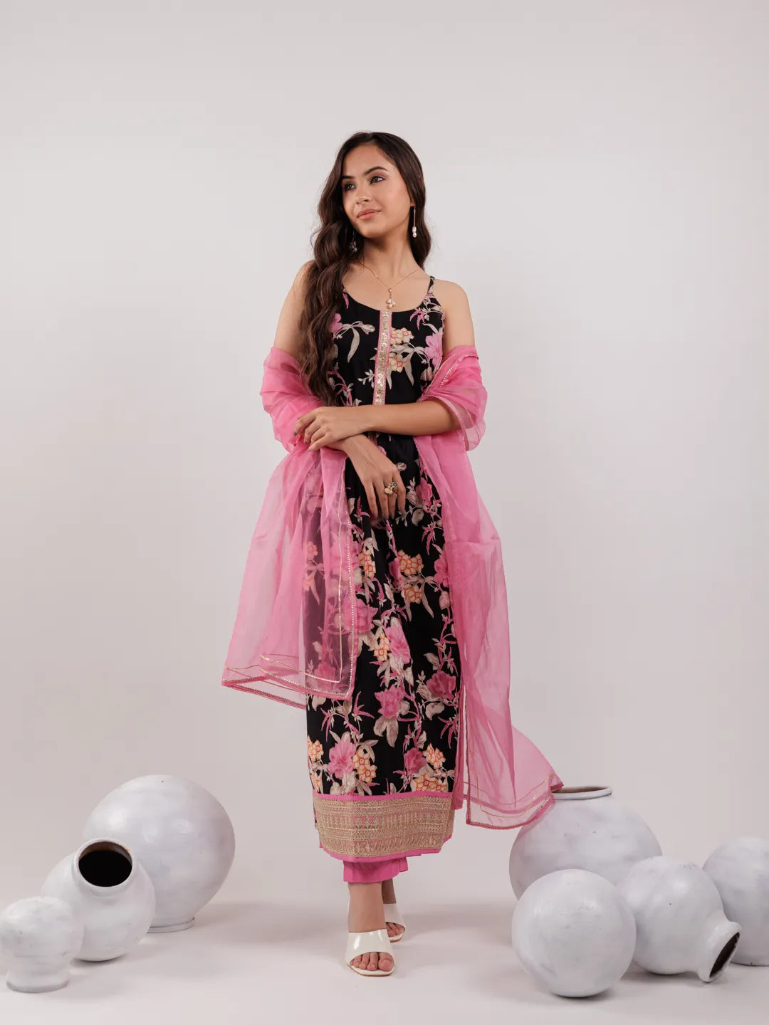 Women's Black Cotton Black Floral Print Cotton Fit And Flare Kurta Trouser & Dupatta Set by Yufta, suitable for wholesale buyers, boutiques, retailers, resellers and bulk fashion orders from Trendphoria