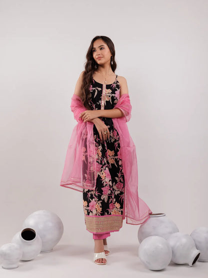 Women's Black Cotton Black Floral Print Cotton Fit And Flare Kurta Trouser & Dupatta Set by Yufta, suitable for wholesale buyers, boutiques, retailers, resellers and bulk fashion orders from Trendphoria