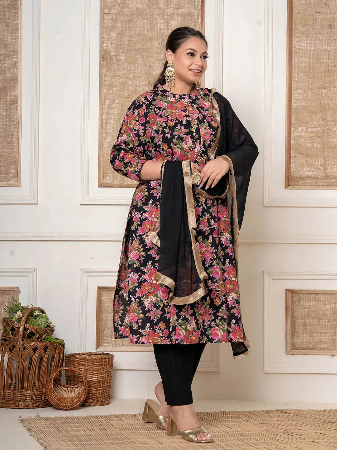 Black Floral Print Cotton Plus Size Kurta And Pant With Dupatta Set