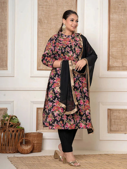 Black Floral Print Cotton Plus Size Kurta And Pant With Dupatta Set