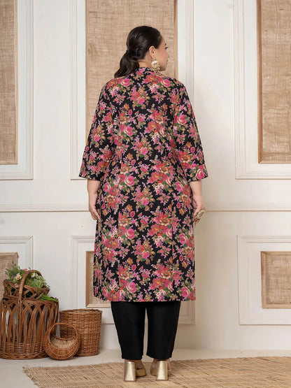 Black Floral Print Cotton Plus Size Kurta And Pant With Dupatta Set