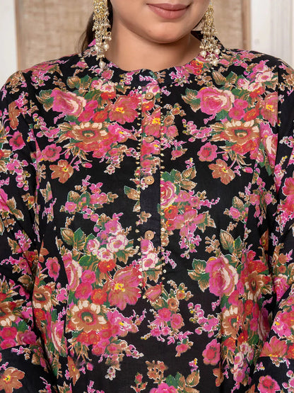 Black Floral Print Cotton Plus Size Kurta And Pant With Dupatta Set