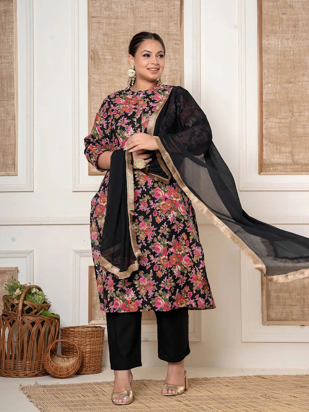 Black Floral Print Cotton Plus Size Kurta And Pant With Dupatta Set