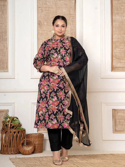 Women's Black Cotton Black Floral Print Cotton Plus Size Kurta And Pant With Dupatta Set by Yufta, suitable for wholesale buyers, boutiques, retailers, resellers and bulk fashion orders from Trendphoria