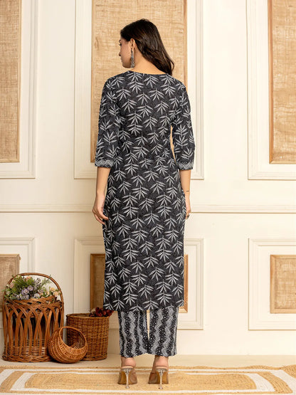 Black Floral Print Cotton Straight Kurta And Trousers With Dupatta Set
