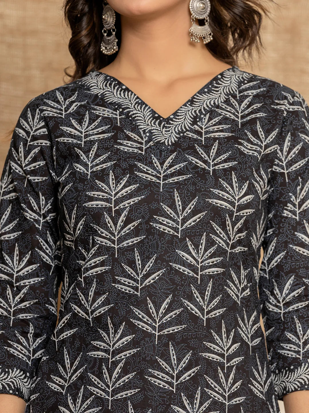 Black Floral Print Cotton Straight Kurta And Trousers With Dupatta Set