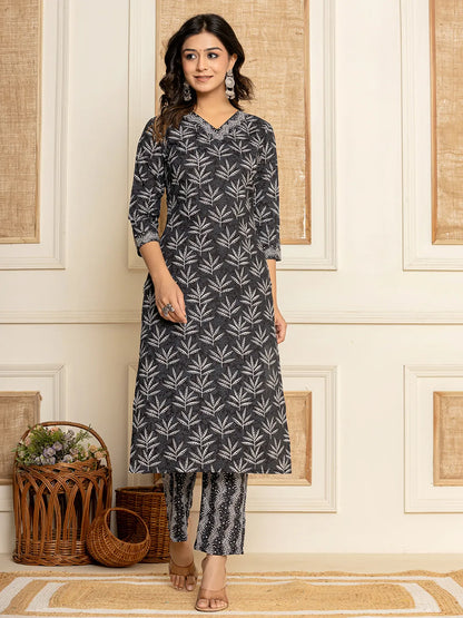 Black Floral Print Cotton Straight Kurta And Trousers With Dupatta Set
