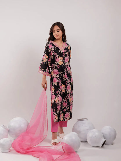 Black Floral Print Cotton Straight Kurta Trouser With Dupatta Set