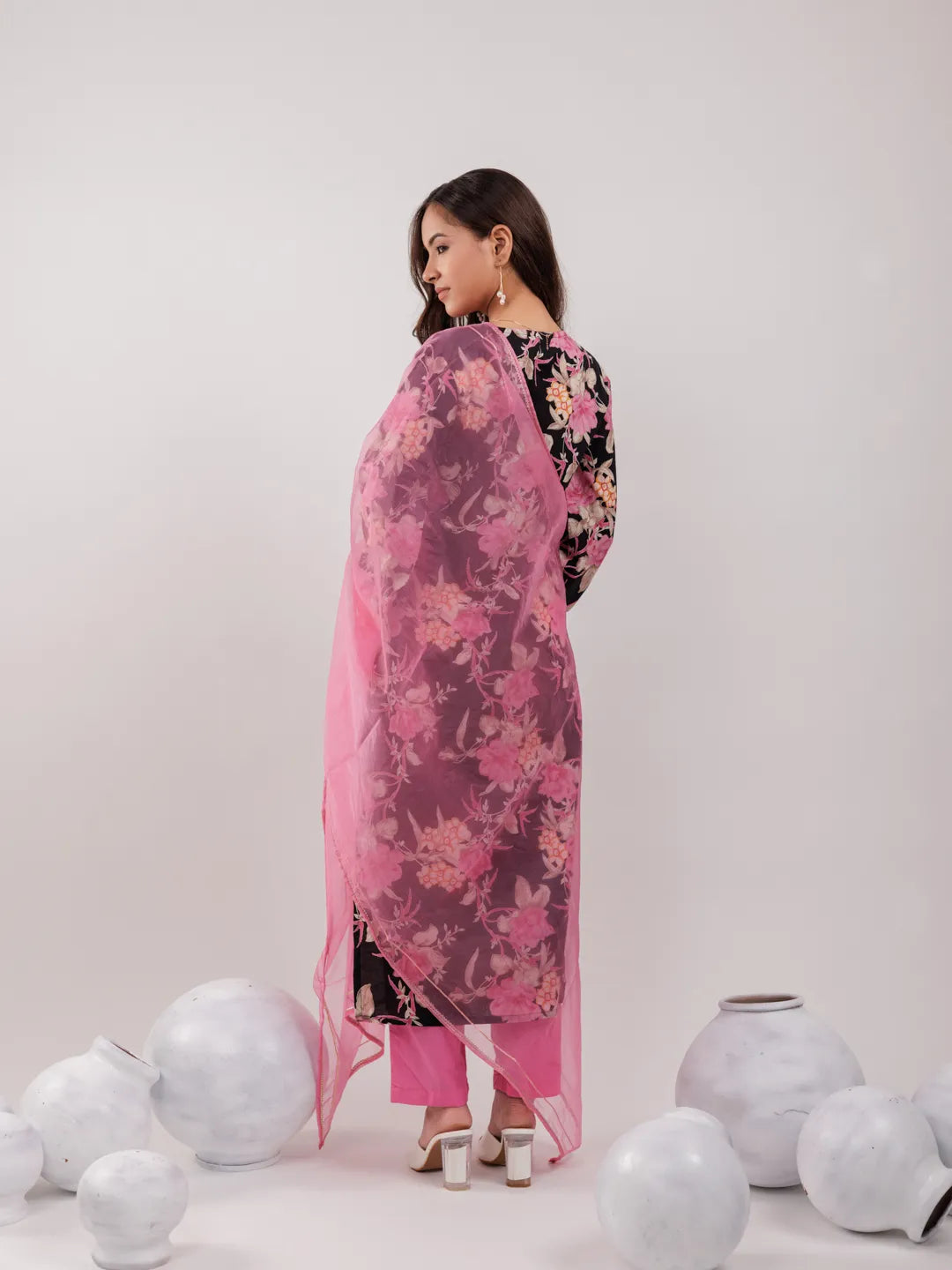 Black Floral Print Cotton Straight Kurta Trouser With Dupatta Set