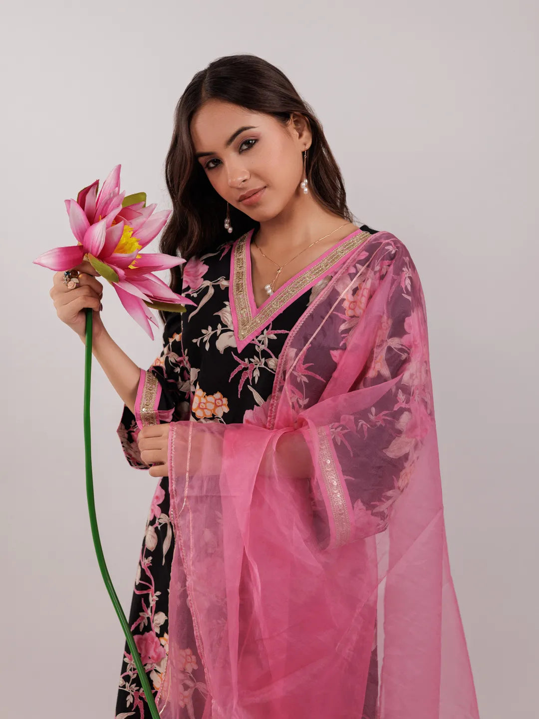 Black Floral Print Cotton Straight Kurta Trouser With Dupatta Set