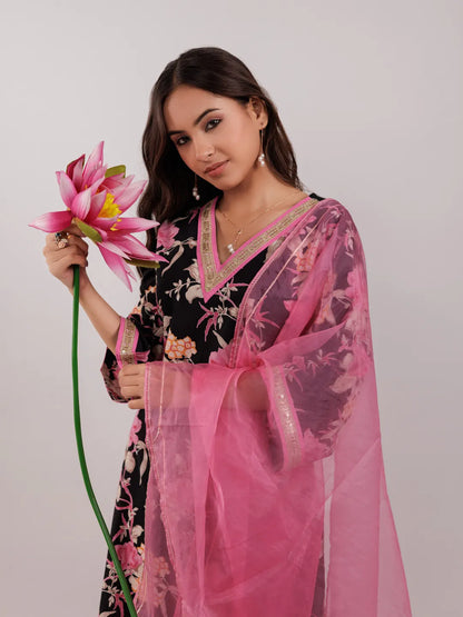 Black Floral Print Cotton Straight Kurta Trouser With Dupatta Set