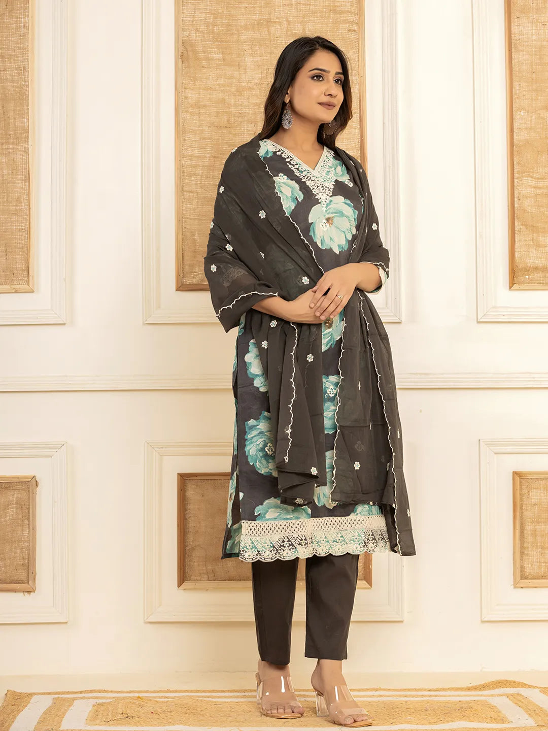 Black Floral Print Cotton Straight Side Slits Kurta And Trouser With Dupatta Set